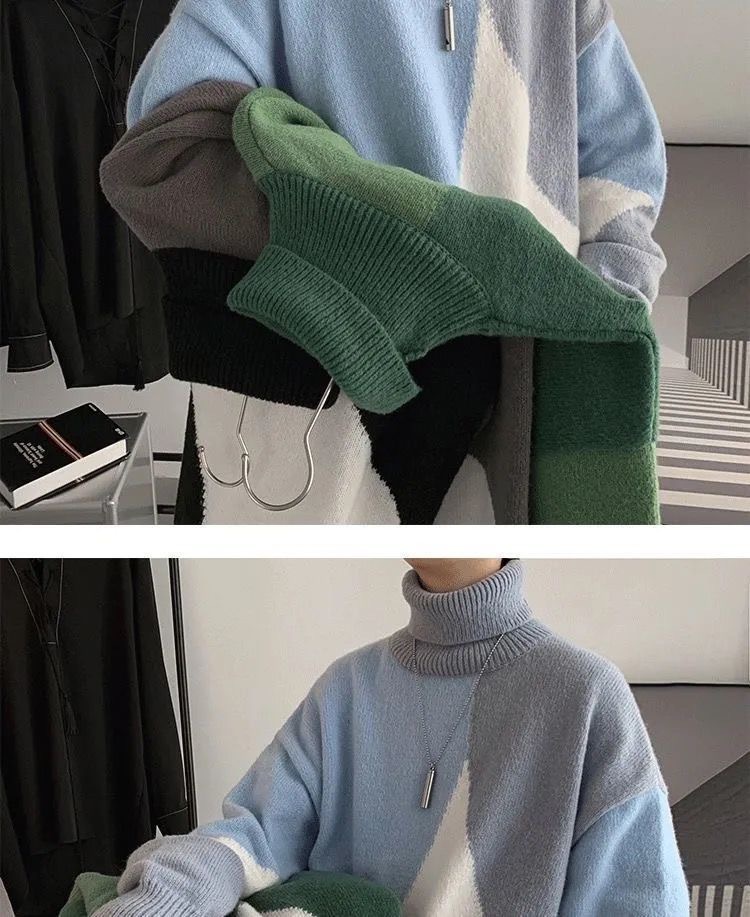 High-neck sweater for men, Hong Kong-style knitted sweater for both men and women, thick, trendy, loose and laid-back sweater for men in winter pic 3