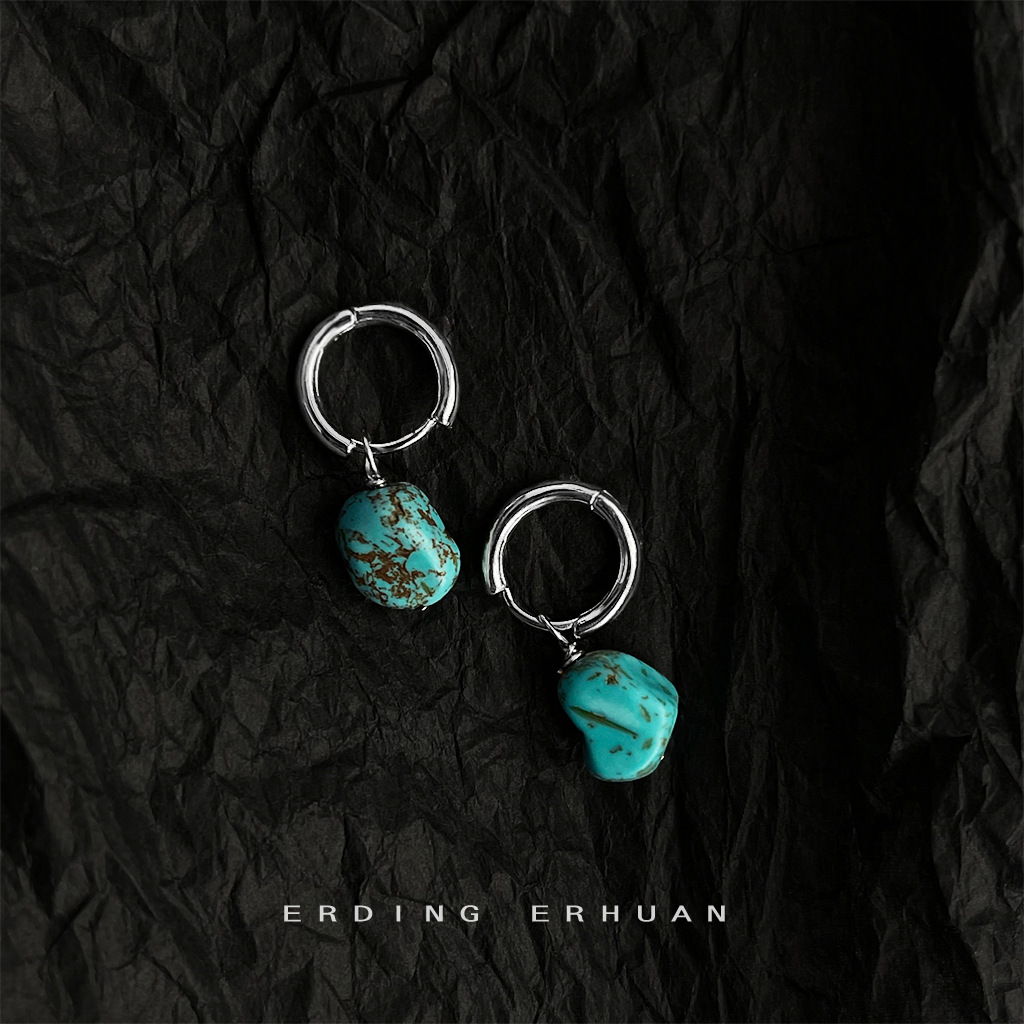 Original design sense, ethnic style, handcrafted synthetic turquoise, artistic and retro, irregular and irregular-shaped earrings, factory earrings pic 10