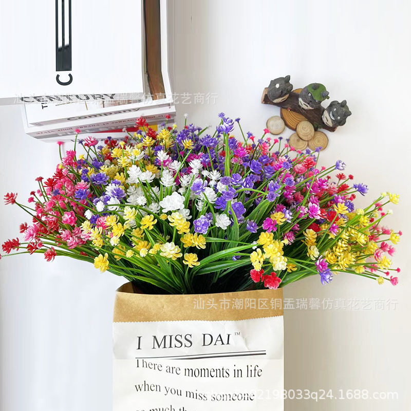 亚马逊跨境人造花7叉春草茶花仿真花满天星玫瑰花水仙花玉米花详情13