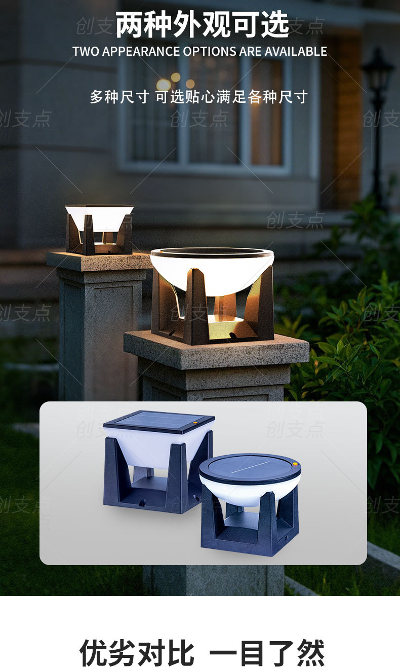 Solar outdoor garden lights, new cross-border export style, villa storefront, fence, fence, lawn, column head lights pic 13