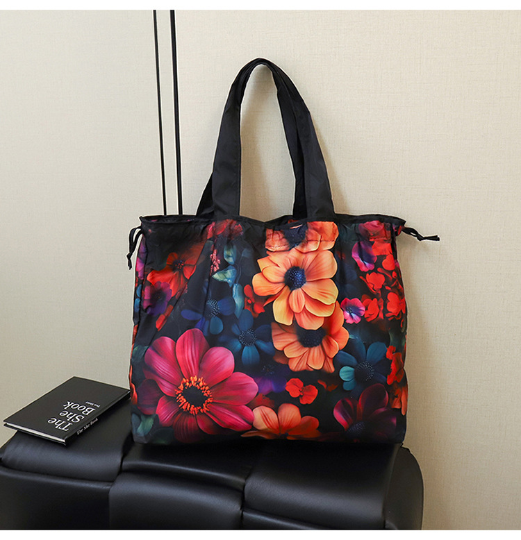 大容量花朵印花单肩包防水购物袋尼龙外出托特包时尚复古手提包详情31