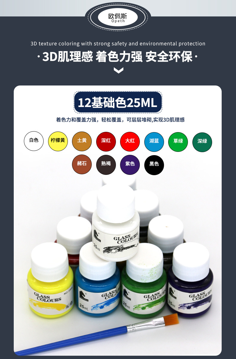 Cross-border 12-color paint set 25ml acrylic gouache Watercolor Glass Advertising Fiber Color Painting Graffiti paint pic 5