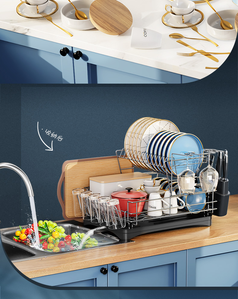 Cross-border Amazon bowl and plate draining rack, double-layer multi-functional bowl and chopstick storage rack, household kitchen water cup storage rack pic 13