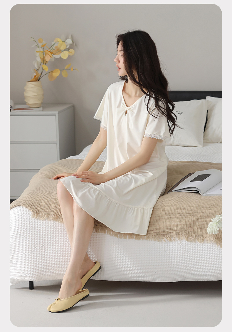 A light short-sleeved casual summer dress with a chest cushion for women. It can be worn as a mid-length skirt. It is made of modal cotton for summer home wear pic 17