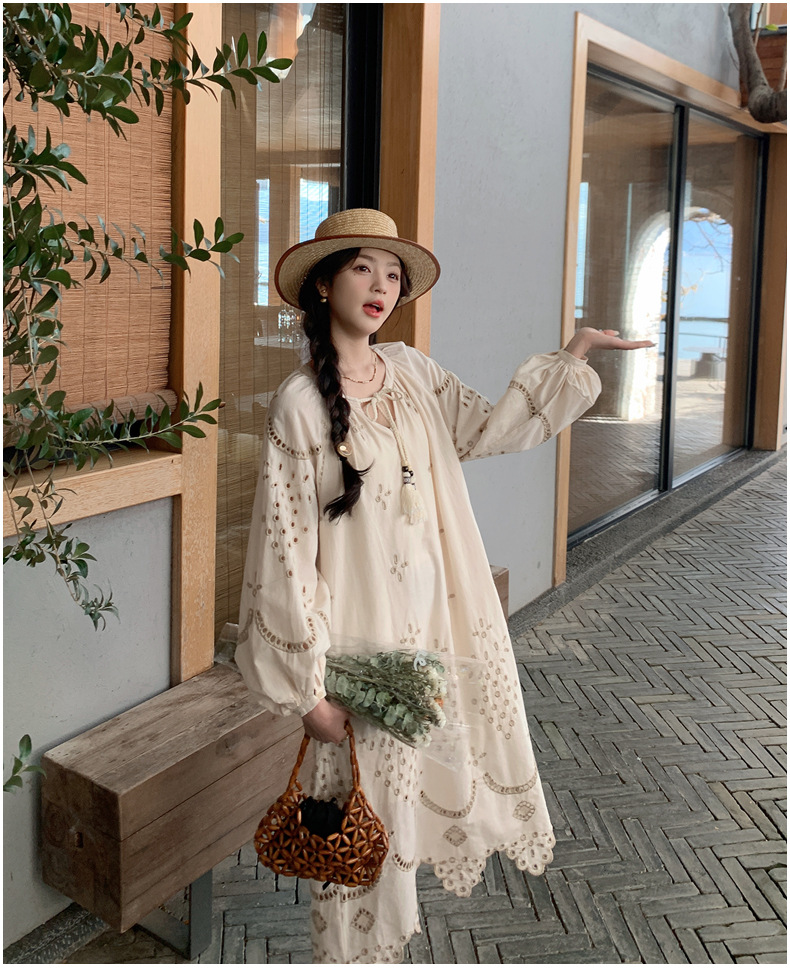 Real photo of a retro, gentle, cut-out embroidered V-neck apricot-colored dress, 2025 new seaside vacation style long-sleeved umbrella dress pic 48