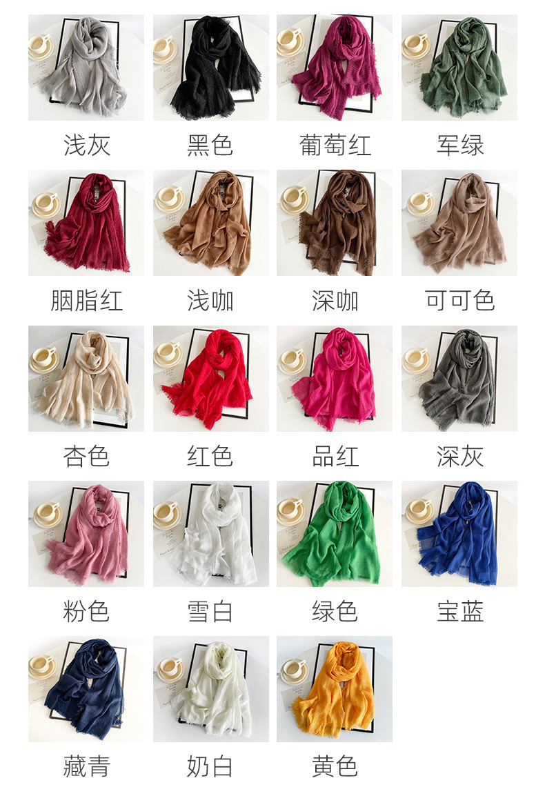 跨境棉麻围巾女纱巾新款纯色围巾夏季防晒透气披肩复古粗毛边丝巾详情6