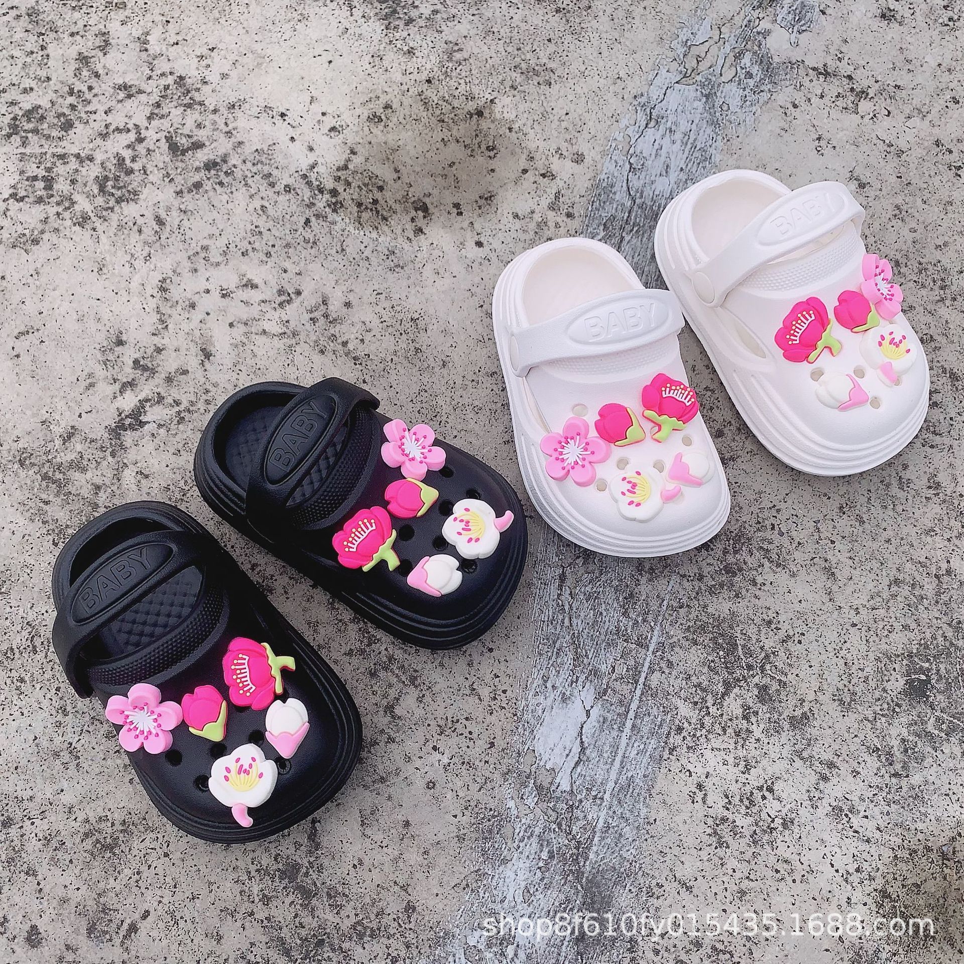 跨境儿童桃花DIY洞洞鞋卡通夏季防滑男女小孩可爱室外包头软底凉拖鞋详情4