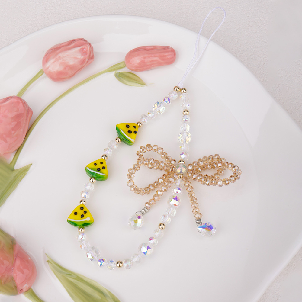 New cute glass strawberry watermelon phone chain, pink bow, beaded phone case, pendant, lanyard and pendant pic 6
