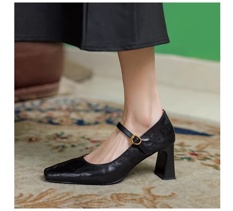 软羊皮黑色高跟鞋2025春秋新款法式复古粗跟一字带玛丽珍鞋女单鞋详情11