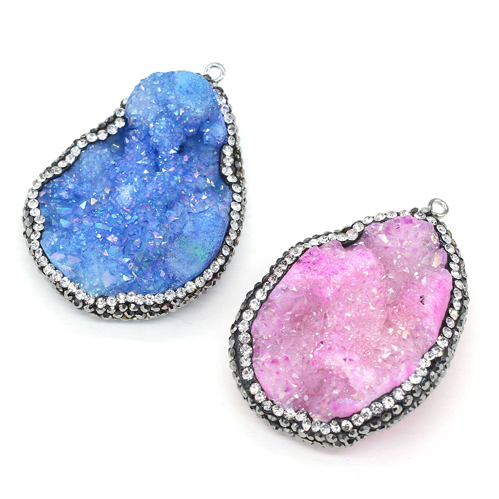 Natural semi-precious stone irregularly shaped agate crystal bud diamond-encrusted edge pendant DIY jewelry accessory, handcrafted wholesale pic 15