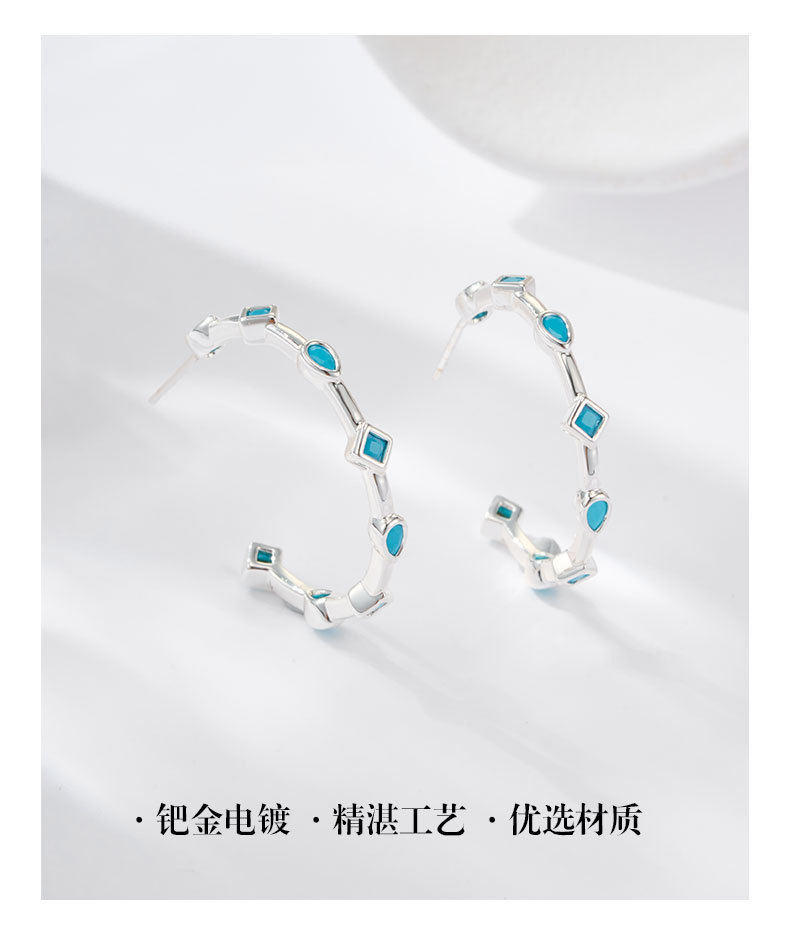 Source factory light luxury geometric C-shaped opening large earring, copper alloy inlaid with blue pine S925 silver needle, versatile earrings pic 7