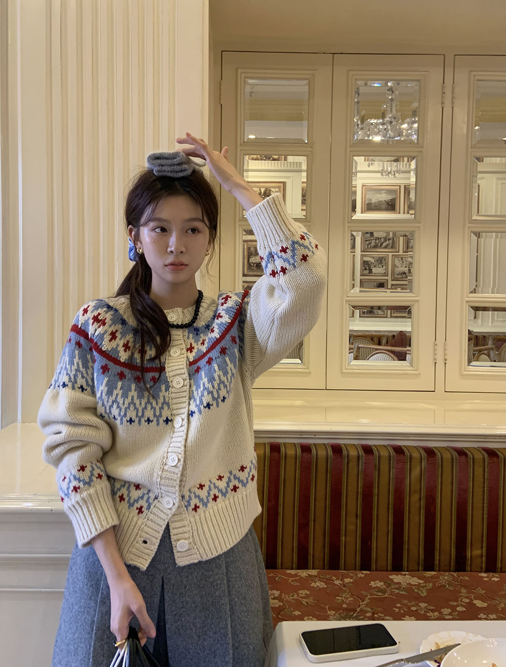 费尔岛复古美式少女撞色波普提花单排扣针织开衫厚实保暖毛衣外套详情55