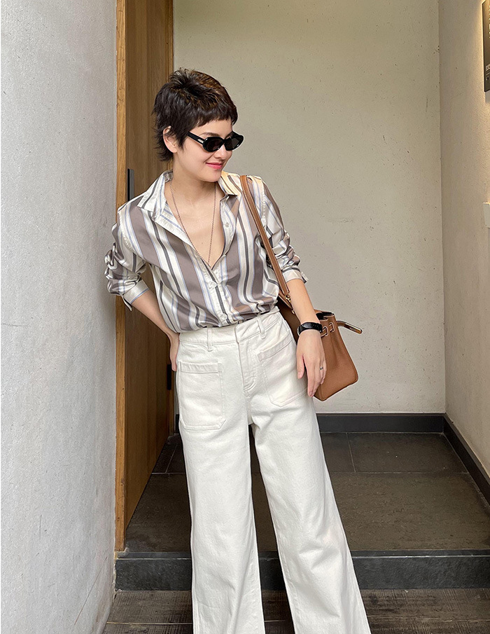 100% silk shirt for women, Spring/Summer 2024 new long-sleeved twill silk digital printed striped long-sleeved ready-to-wear pic 13