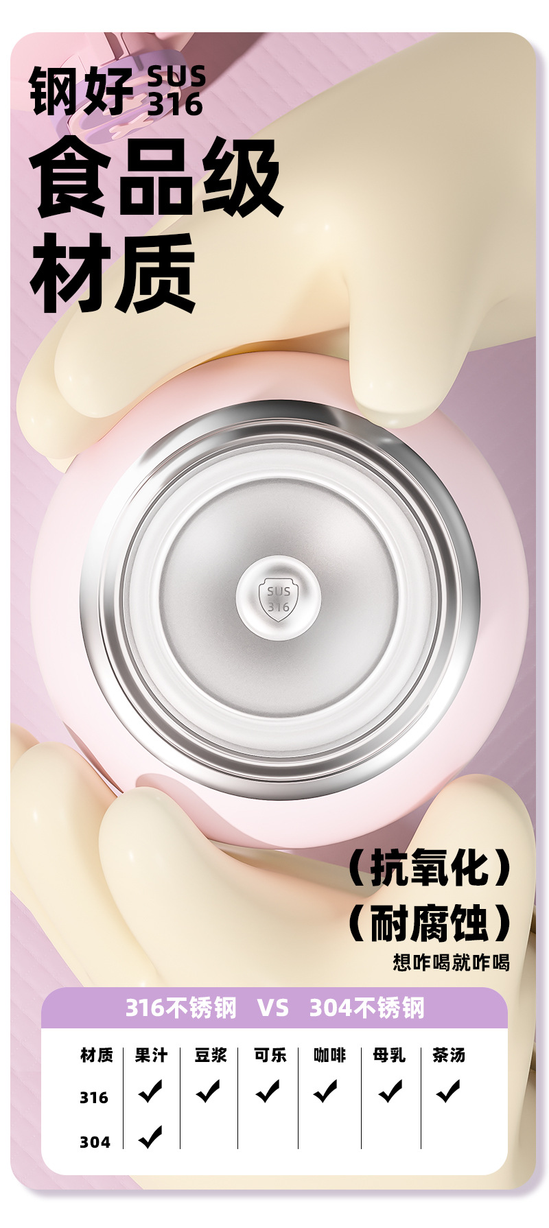 316L不锈钢儿童保温杯双饮杯可爱卡通男女学生有背带杯子厂家定制详情9