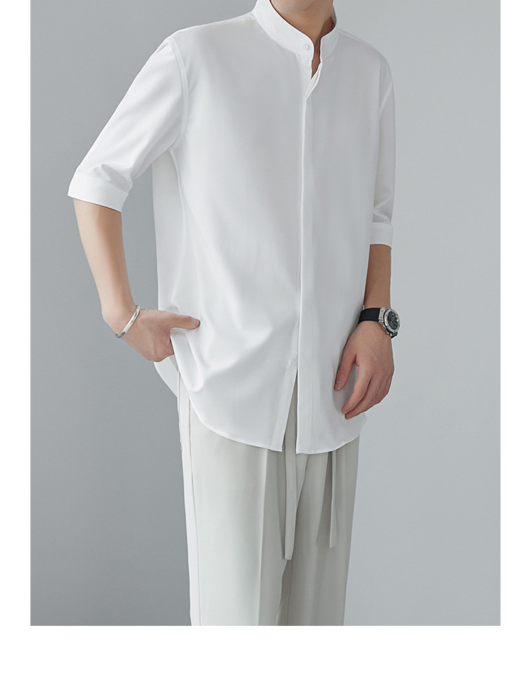 新中式立领中袖衬衫男夏季新款小众冰丝衬衣高级感垂感五分袖寸衫详情3