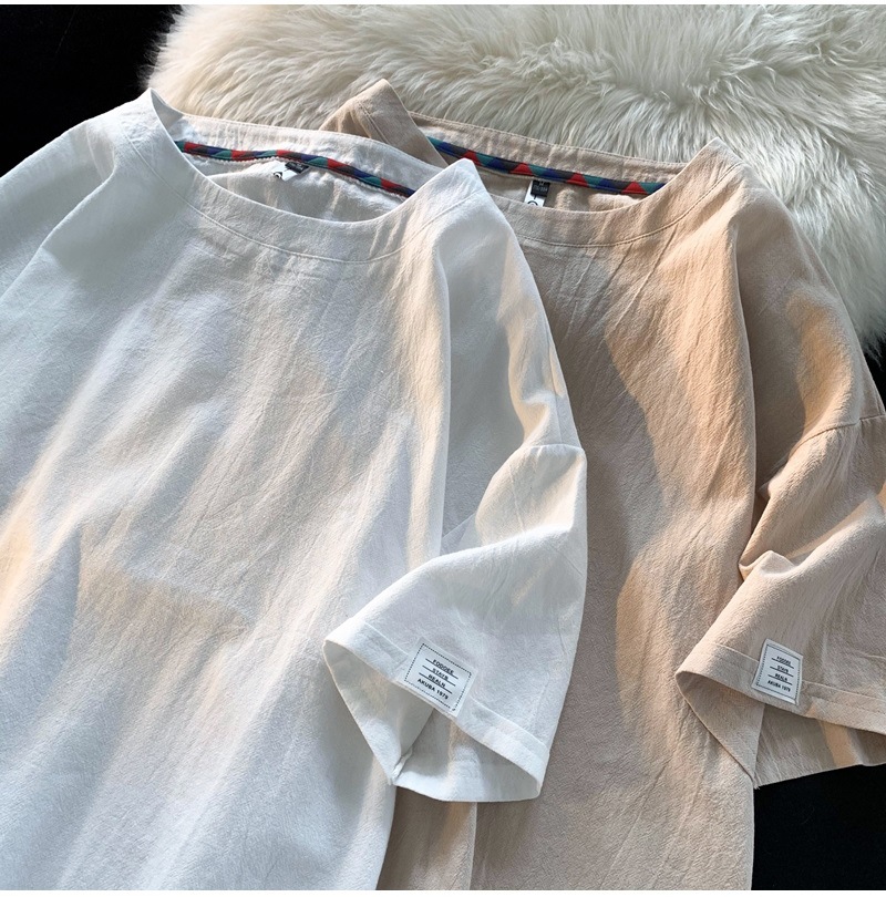 Linen short-sleeved T-shirt for men, a new summer trend. Cotton and linen half-sleeved loose solid color base layer, a trendy T-shirt top pic 19