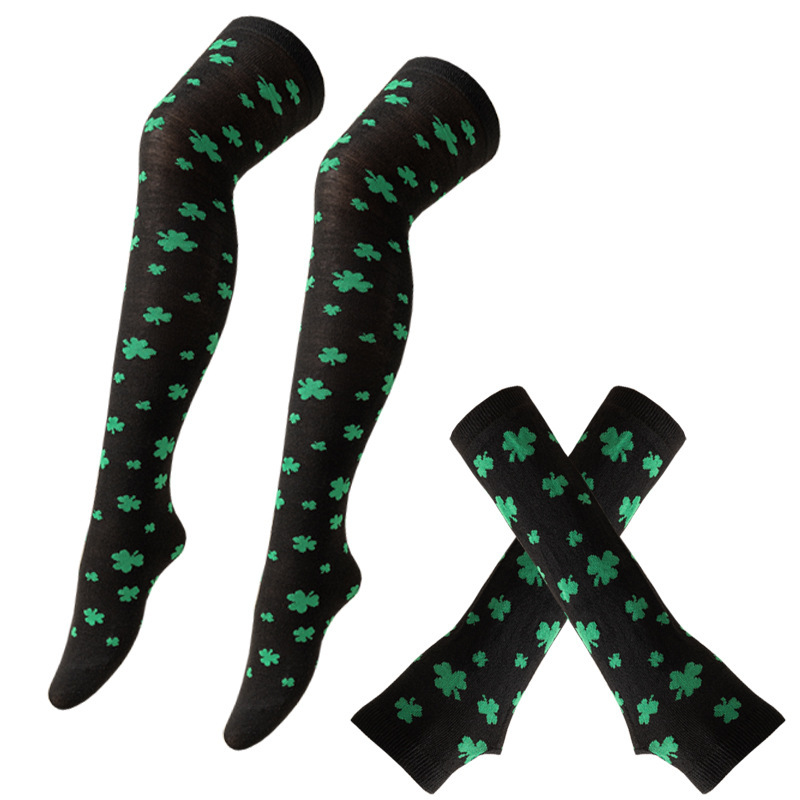 爱尔兰节绿色长筒袜派对三叶草过膝袜圣帕里克节幸运草条纹长筒袜详情10