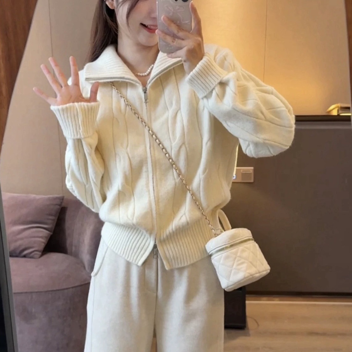 Solid-color casual double-zipper twisted knit cardigan coat, fashionable and versatile, new autumn and winter style sweater top for women pic 10