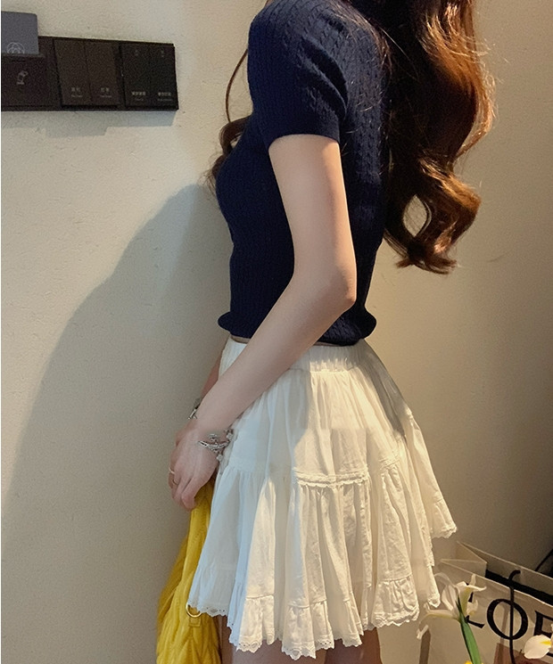 随性老钱风！夏季新款纯色短袖修身针织衫女简约v领红色上衣t恤详情6