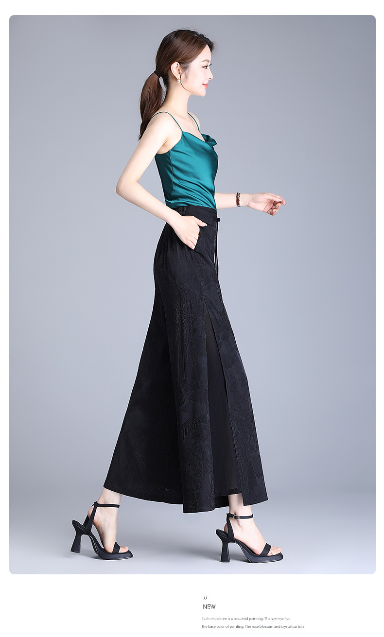 国潮新中式开叉提花冰丝阔腿裤女夏季薄款高腰垂感宽松妈妈休闲裤裙裤国潮详情14