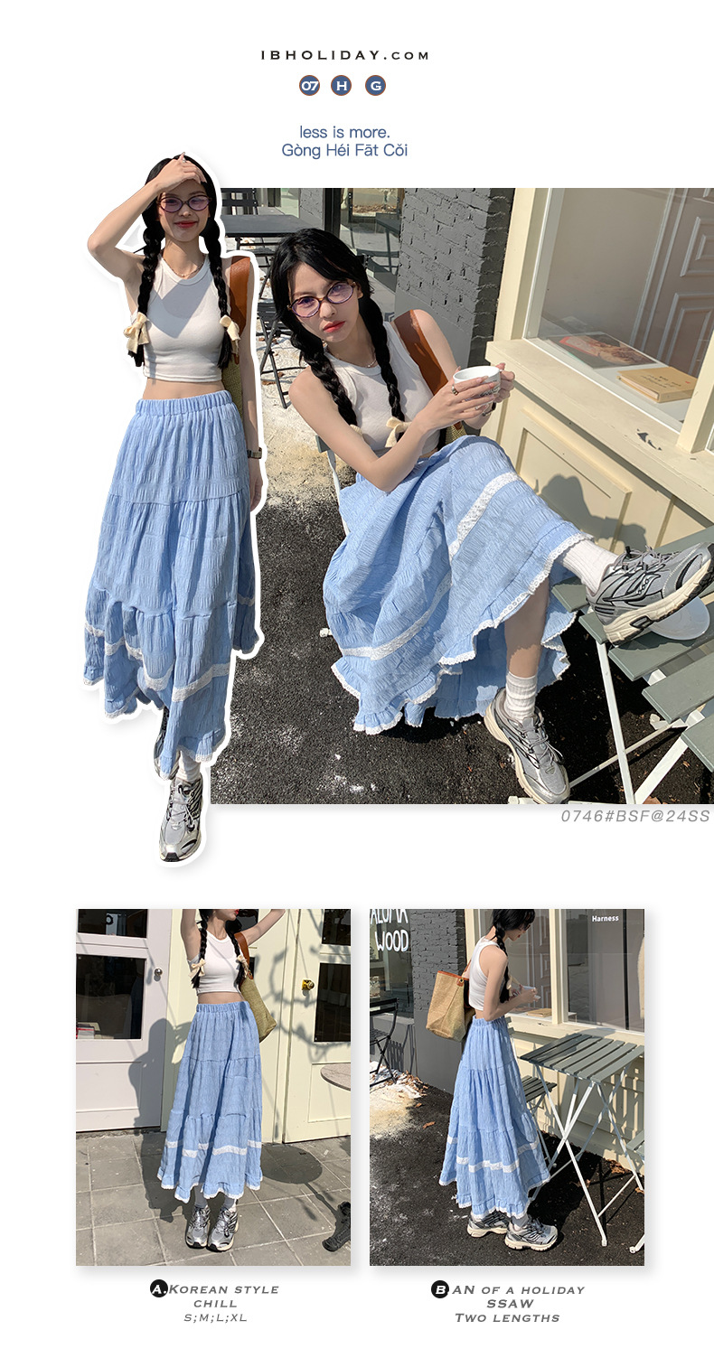 Fashionable lace-edge forest-themed A-line long dress for Spring/Summer 2024, high-waisted sweet blue checkered loose and versatile half skirt pic 1