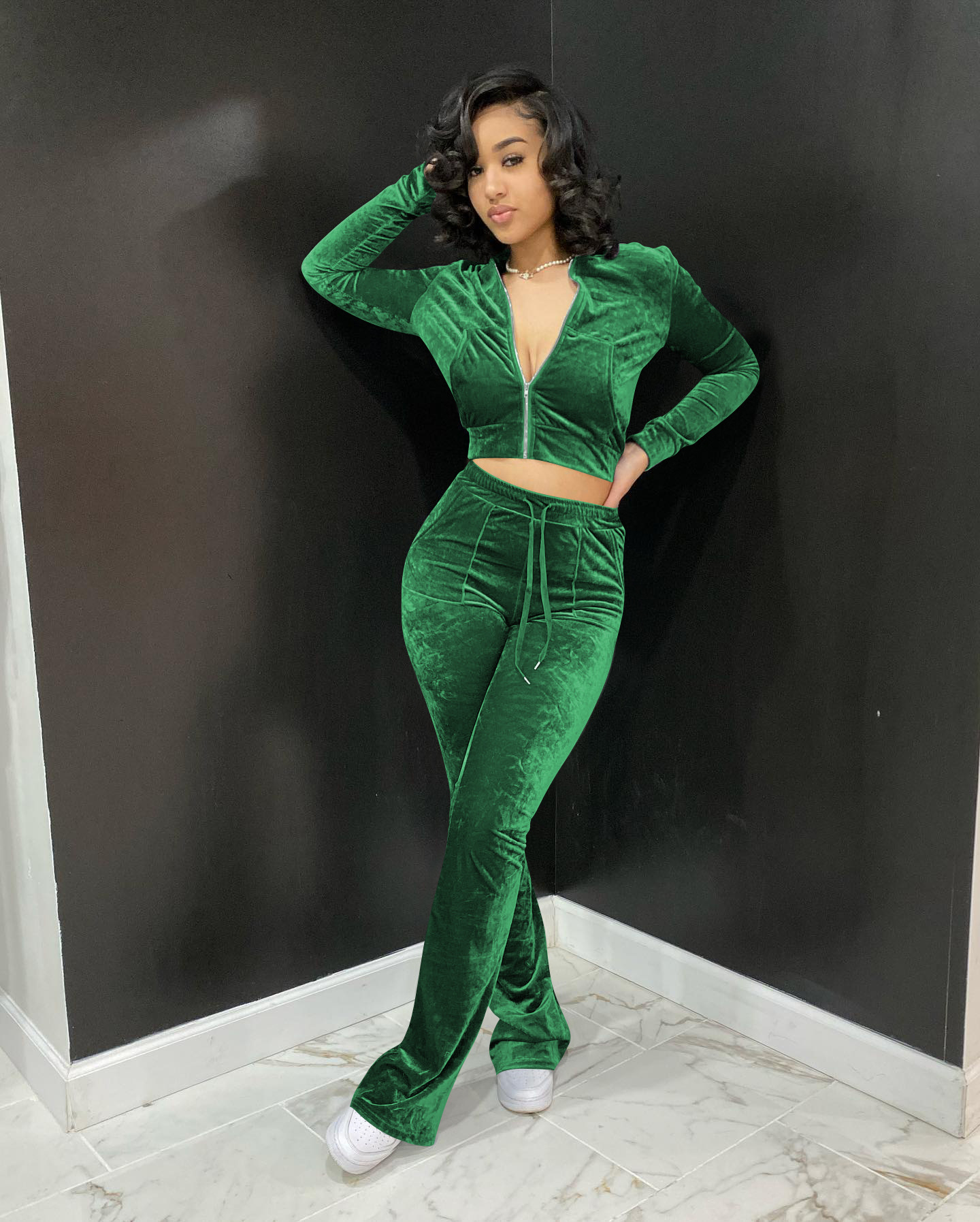 Solid color gold velvet wide-leg pants two-piece set pic 99