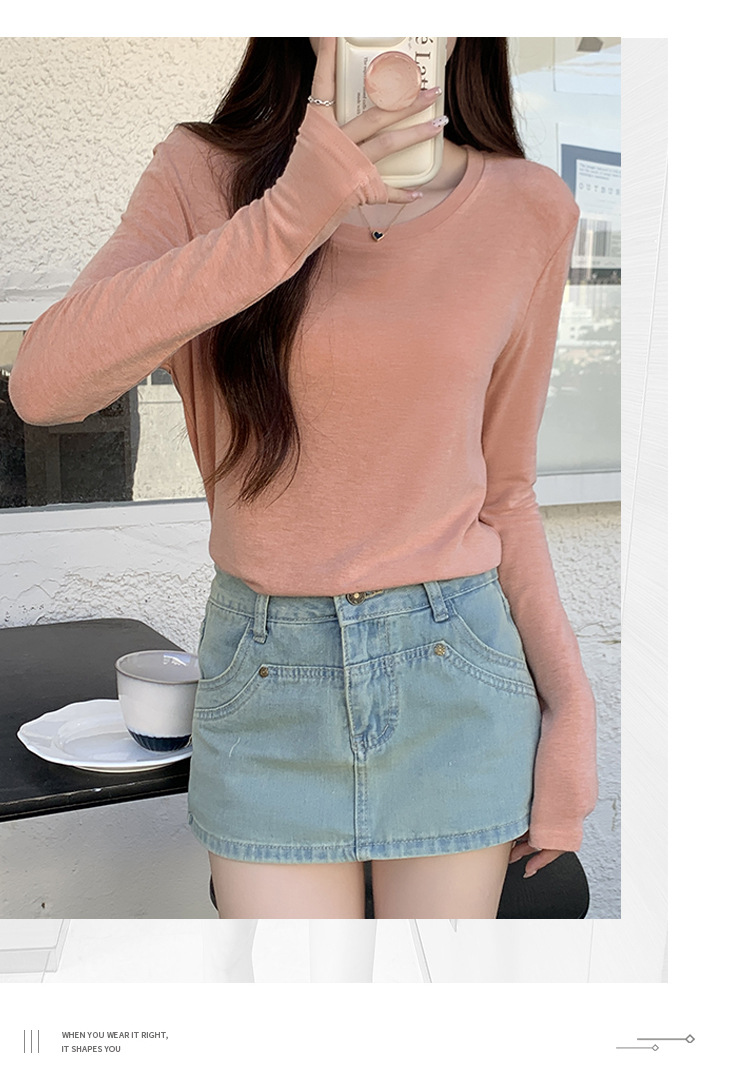 2024新款打底衫女薄款内搭白色洋气秋冬修身面膜圆领长袖上衣t恤详情11