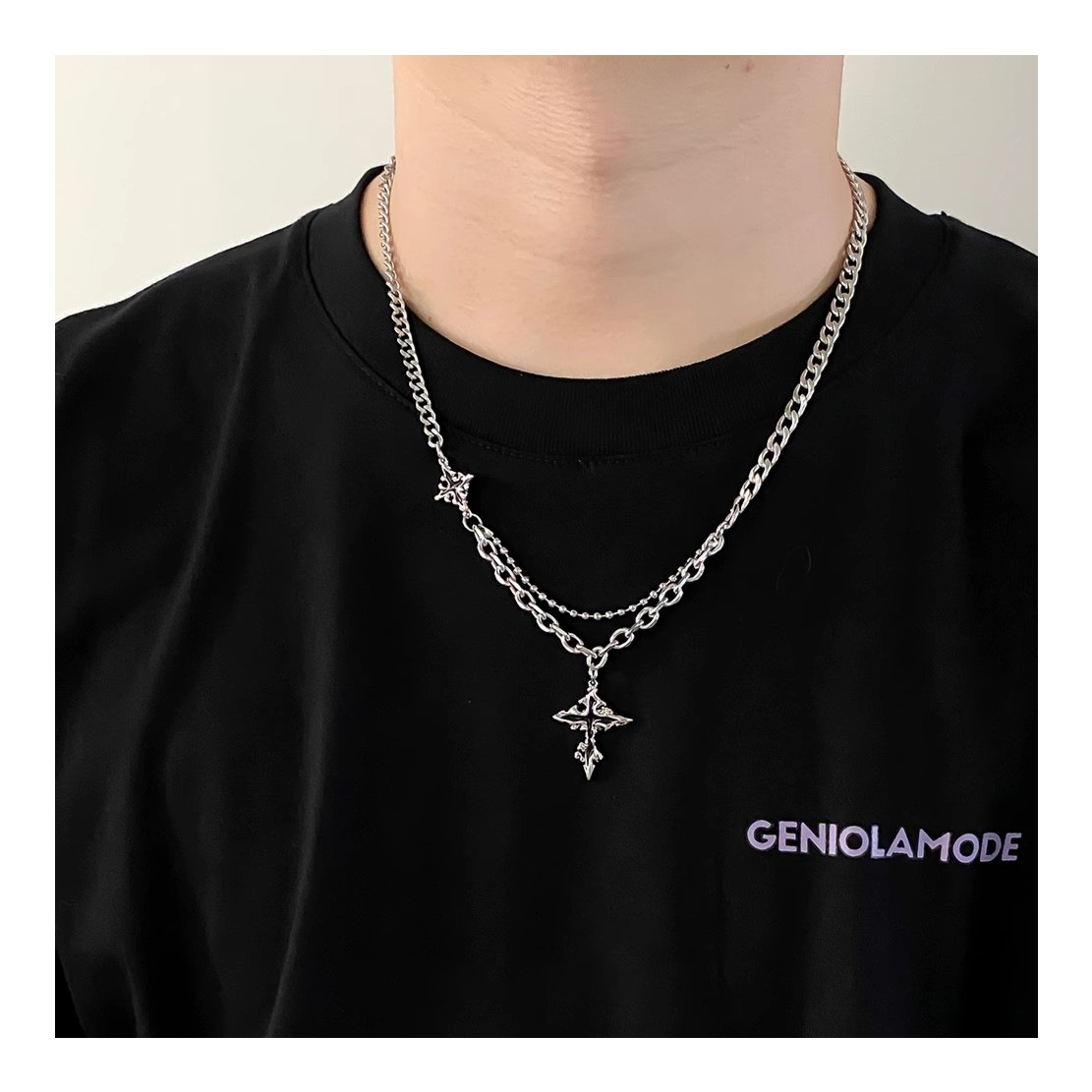 Cross-patterned titanium steel necklace for men, trendy, niche, versatile and non-fading accessory, high-end collarbone chain, light luxury accessory pic 1