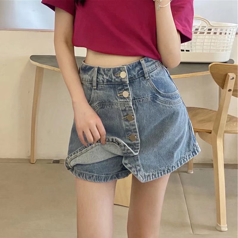 大码胖mm假两件裤裙显瘦半身短裤裙女夏季高腰牛仔短裙黑色a字裙详情1