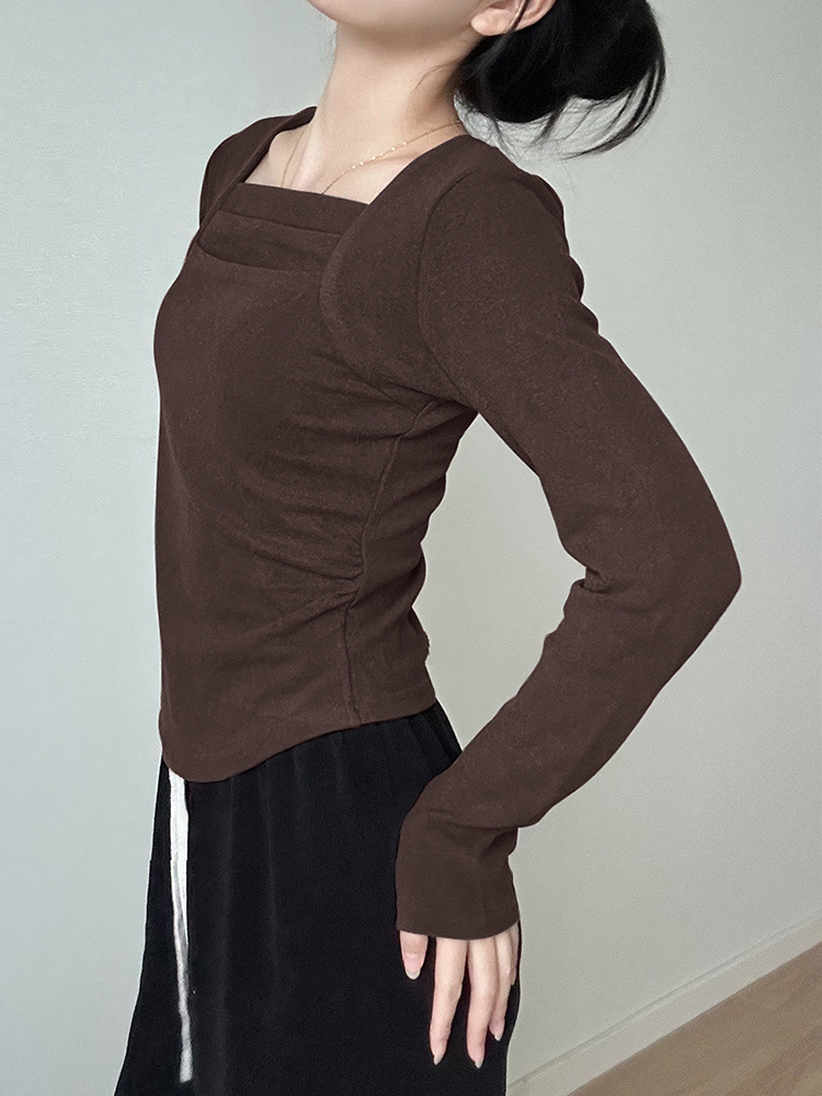 磨毛长袖t恤女秋冬内搭修身方领锁骨德绒打底衫短款上衣2024新款详情4