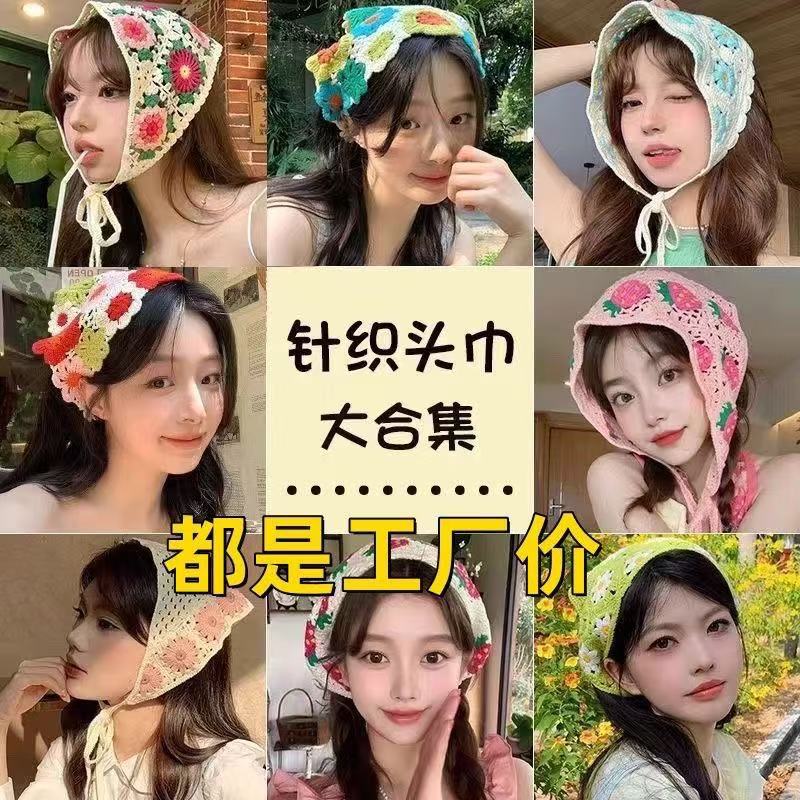 French lace knitted triangular scarf, flower retro Japanese headscarf, hair band, versatile small scarf, photo hair accessory for women pic 4