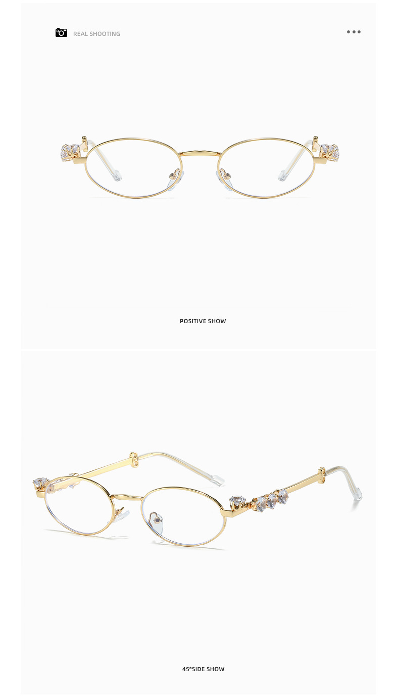 Metal diamond-encrusted oval small frame glasses, ins style cross-border resin anti-blue light glasses, water diamond plain y2k sunglasses pic 12