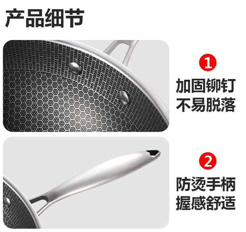 不锈钢家用炒锅蜂窝不粘锅炒菜锅电磁炉燃气灶专用锅具平底详情7