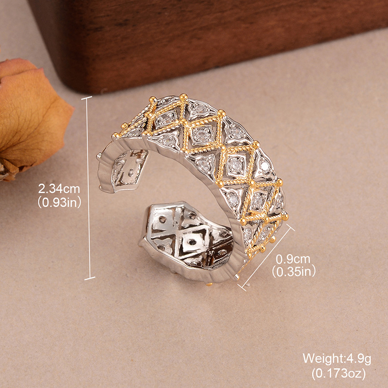 时尚锆石菱形戒指女复古几何气质镂空金银撞色高级轻奢开口戒手饰详情23