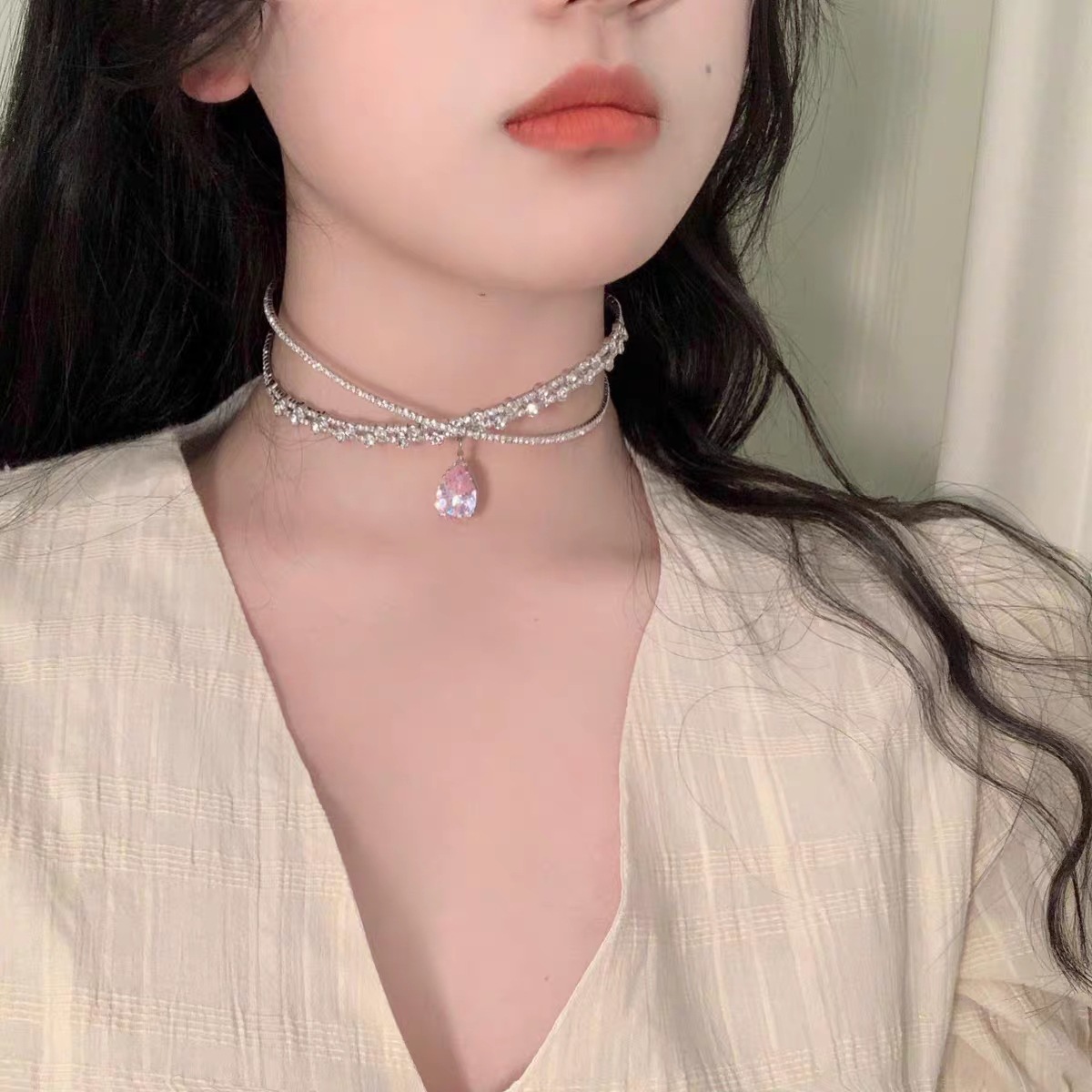 Zircon water drop hairband, large gemstone hairband, headwear, collar, neckband, rhinestone slimming, cross collarbone chain necklace pic 16