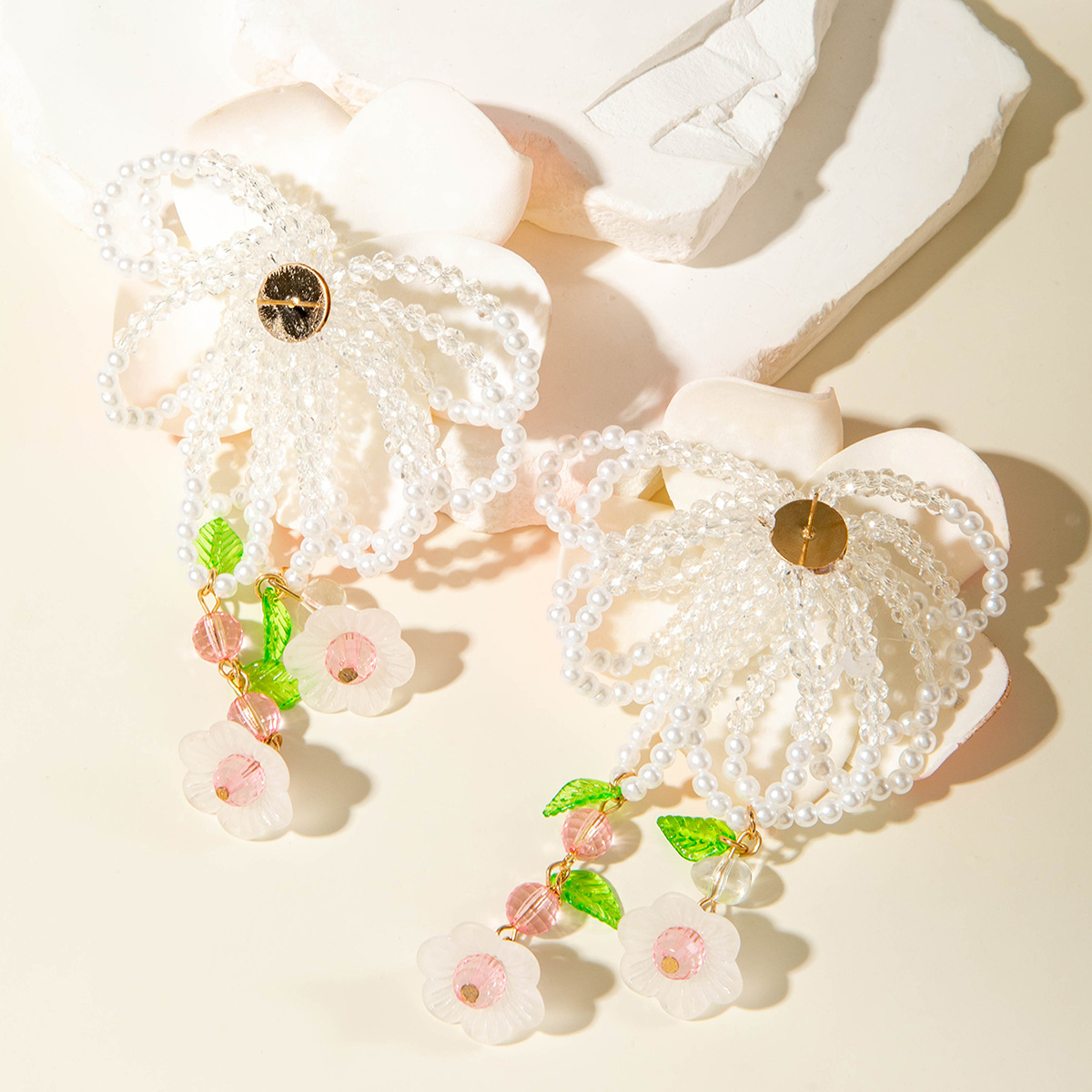 欧美跨境时尚清新布艺花朵流苏串珠优雅甜美情人节礼物耳坠耳环女详情36