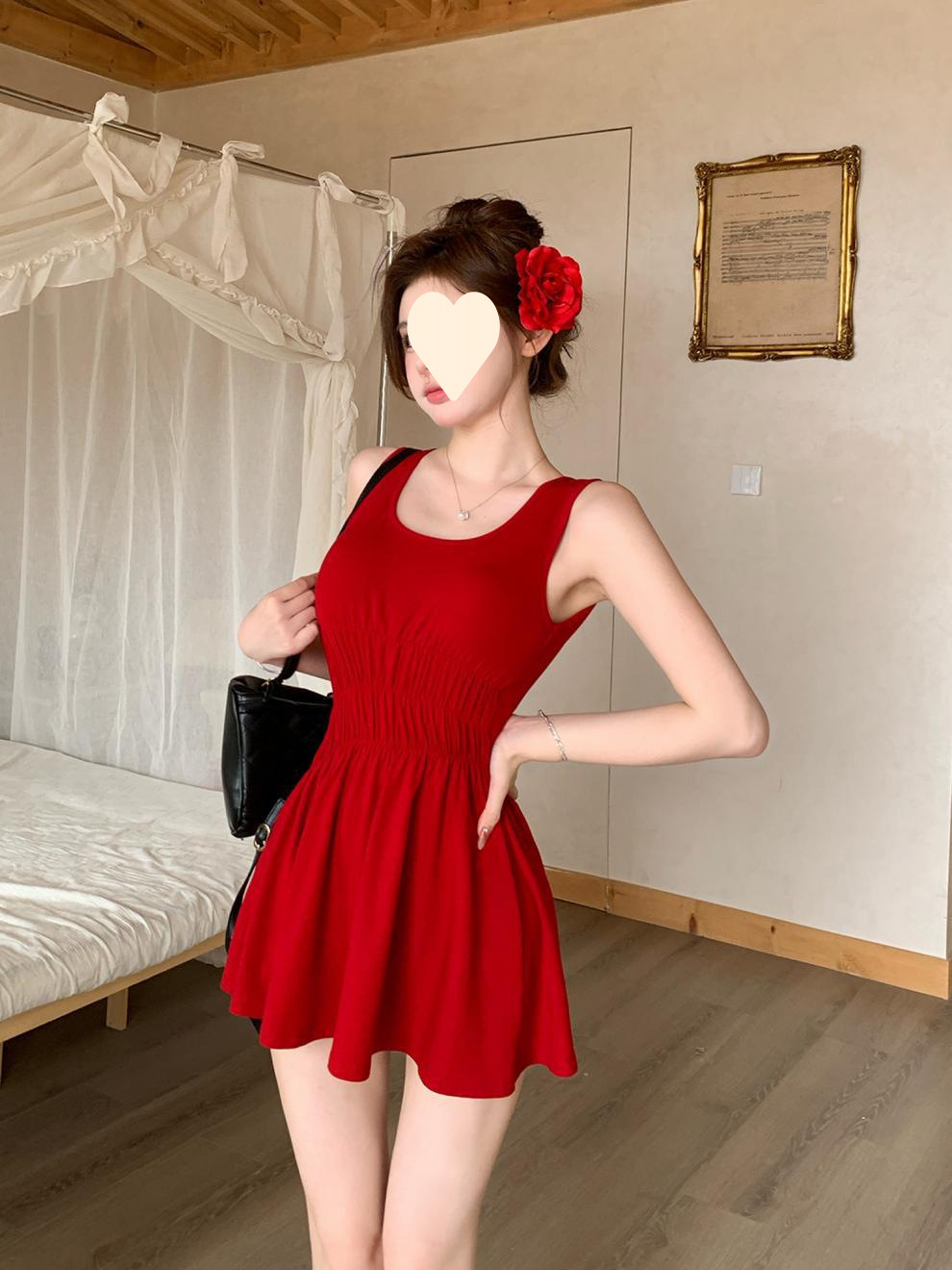 蝴蝶结性感露背法式红色连衣裙女高级感夏收腰显瘦甜辣妹吊带短裙详情13