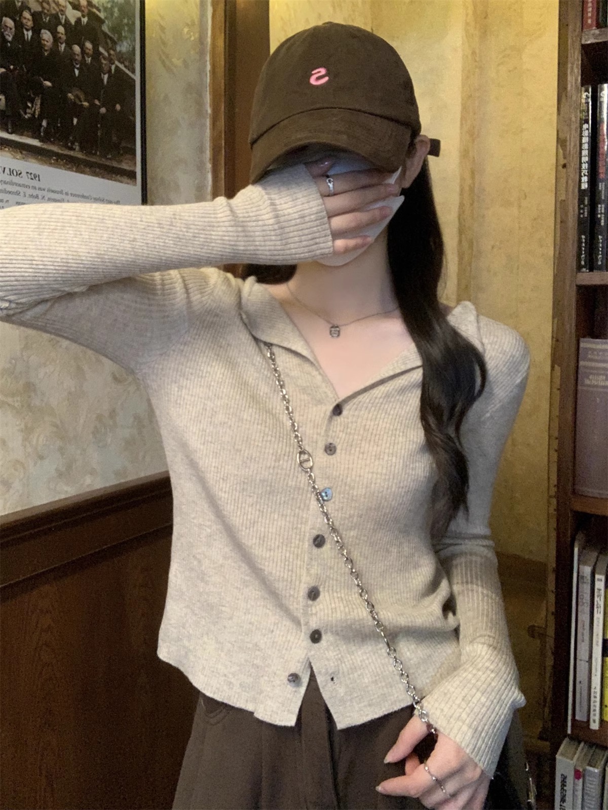 法式翻领长袖针织开衫女秋季2024新款小众设计感修身打底短款上衣详情34