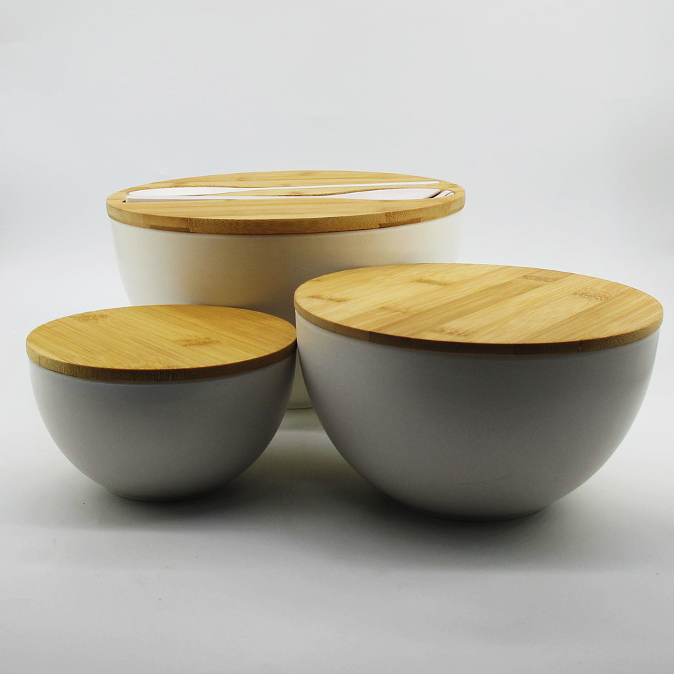 Three sets of bamboo fiber salad bowls, large, medium and small, with bamboo LIDS for fruit and vegetable salad snacks pic 7
