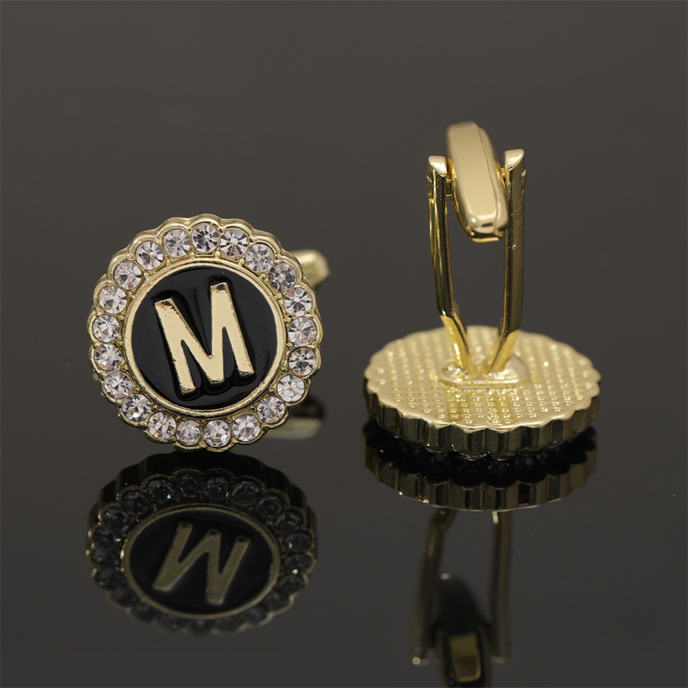 大写字母袖扣圆形镶钻袖钉合金滴油男士衬衫扣26英文字母A-Z配饰详情26