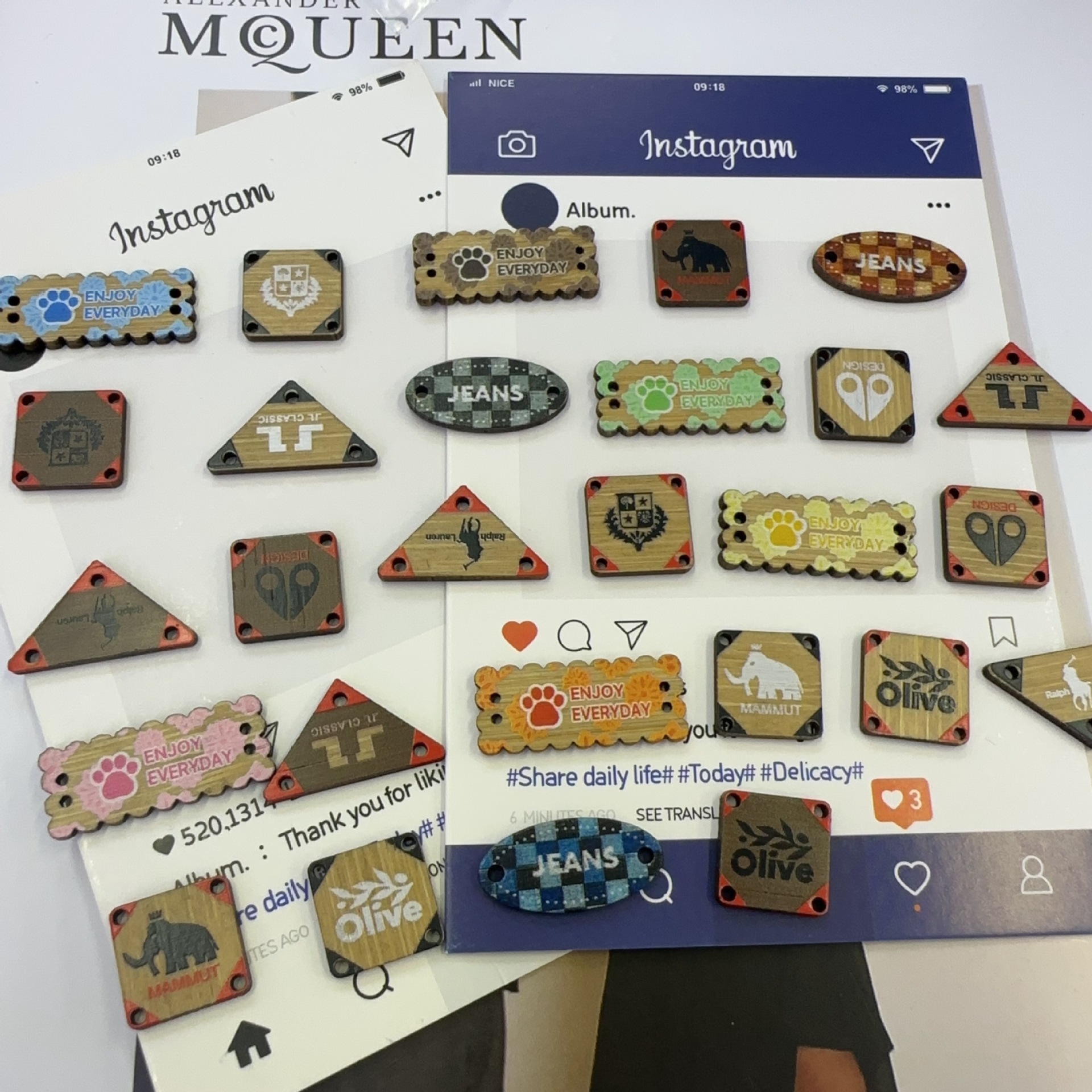 d jewelry accessories: Bamboo, wood, printed, handcrafted characters, wooden nameplates, solid wood buttons, various shapes in stock pic 19