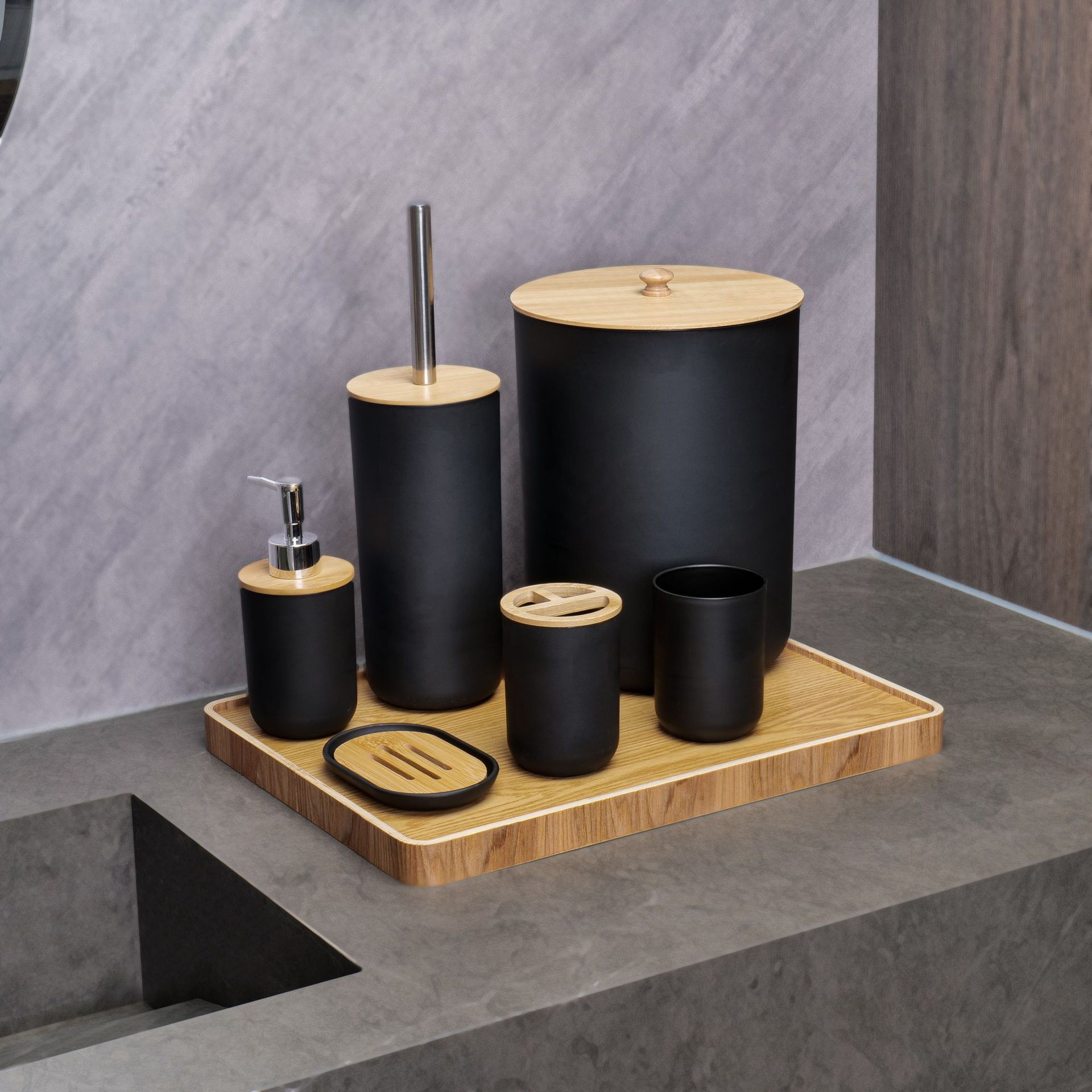 YUFEI跨境卫浴洗漱竹木六件套乳液泵牙刷杯肥皂盒北欧风简约套装详情6