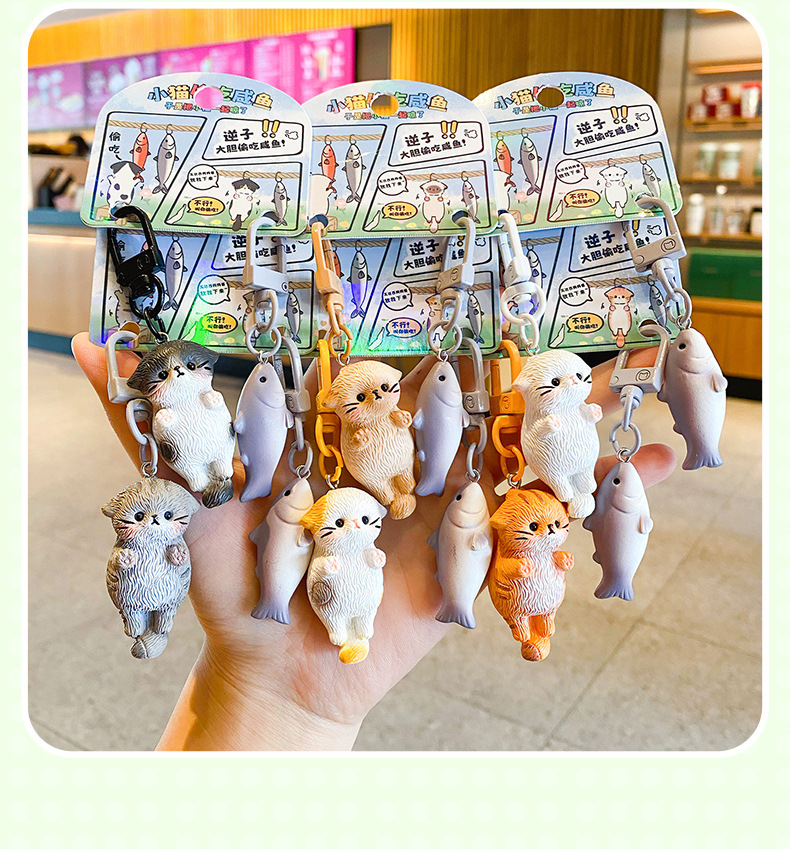 原创小馋猫情侣对扣钥匙扣女可爱卡通小猫吃鱼情侣钥匙链书包挂件详情18