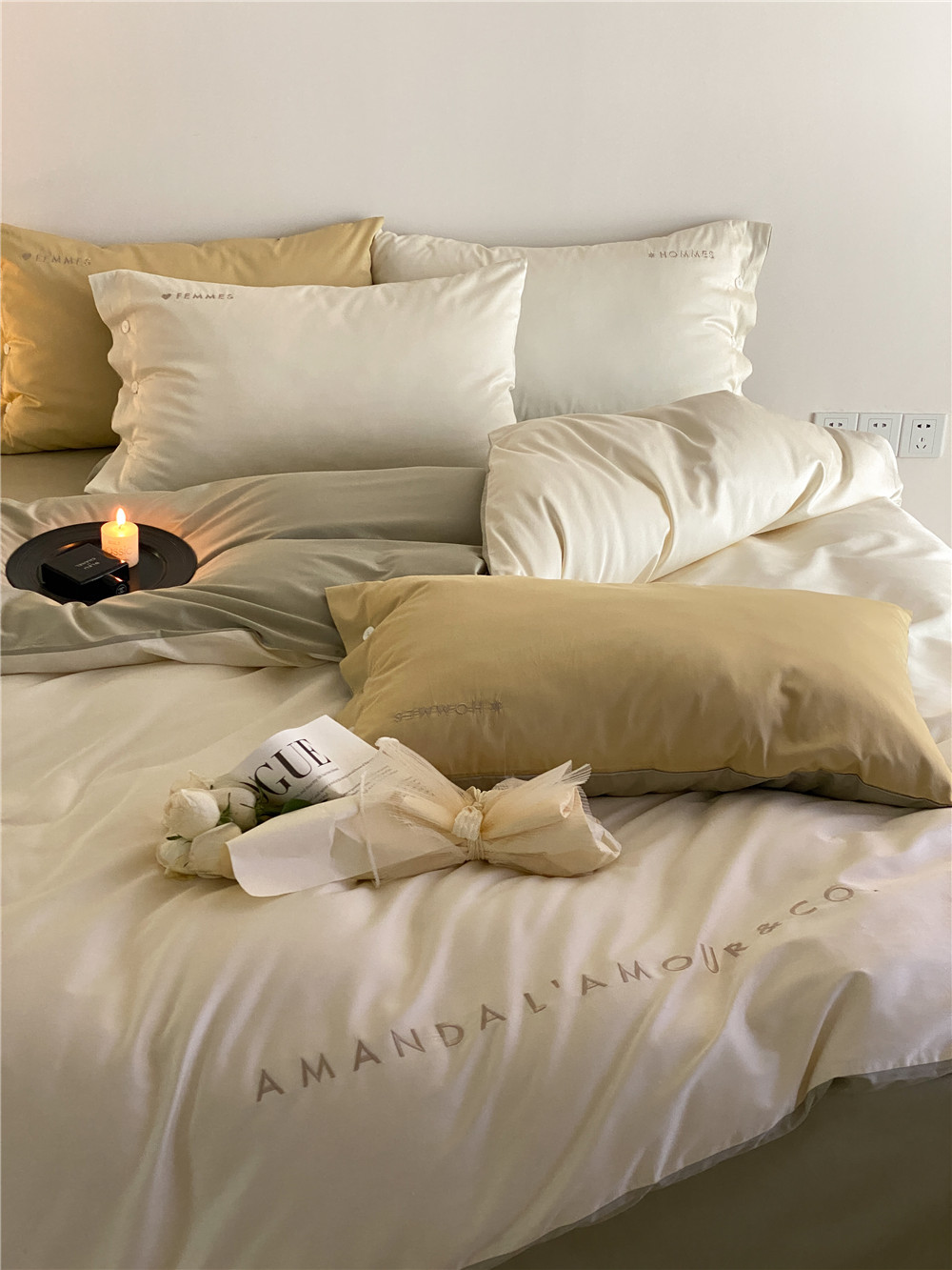 Simple, light luxury and fashionable solid-color long-staple cotton four-piece set, pure cotton letter-embroidered duvet cover, double bedding pic 35