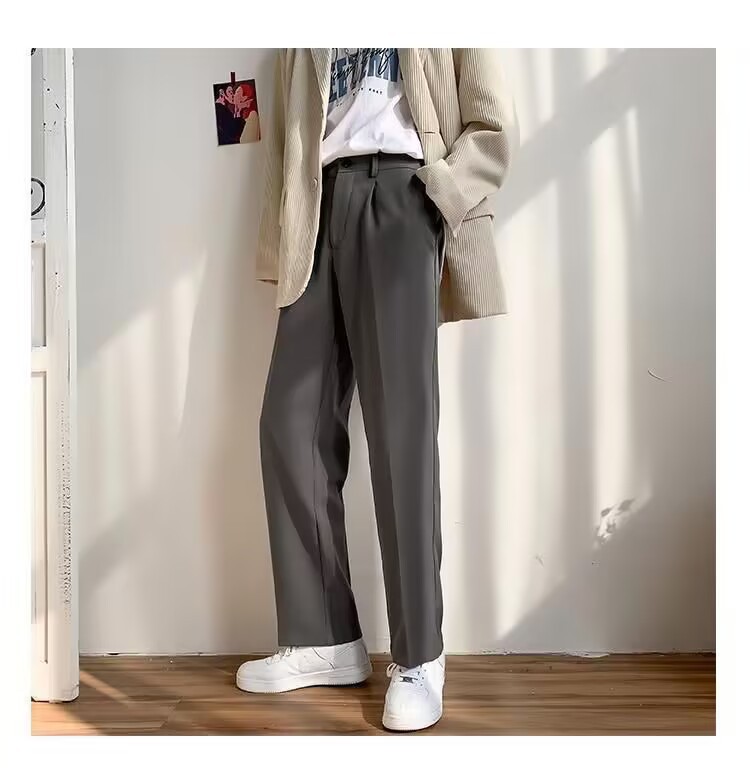 Primavera verano simple recto caída sentido mop pantalones para hombres holgada versión coreana caída sentido pantalones pantalones casuales de pierna ancha vestido formal pic 14