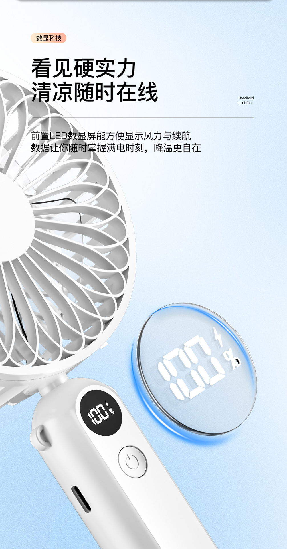 新款手持风扇usb智能数显大风力桌面小风扇户外便携式挂脖小风扇详情6
