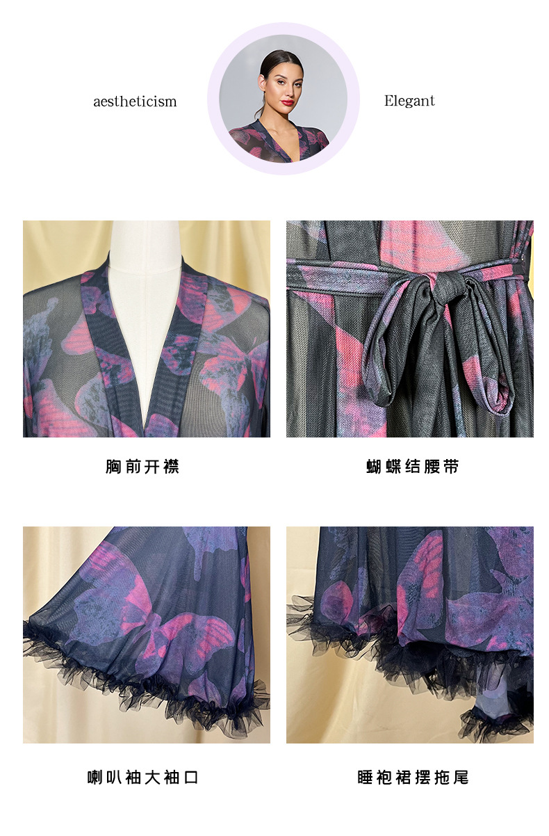 European and American large flared sleeve butterfly print mesh bathrobe, tie tassel, fringed high slit bathrobe, home wear 1119 pic 5
