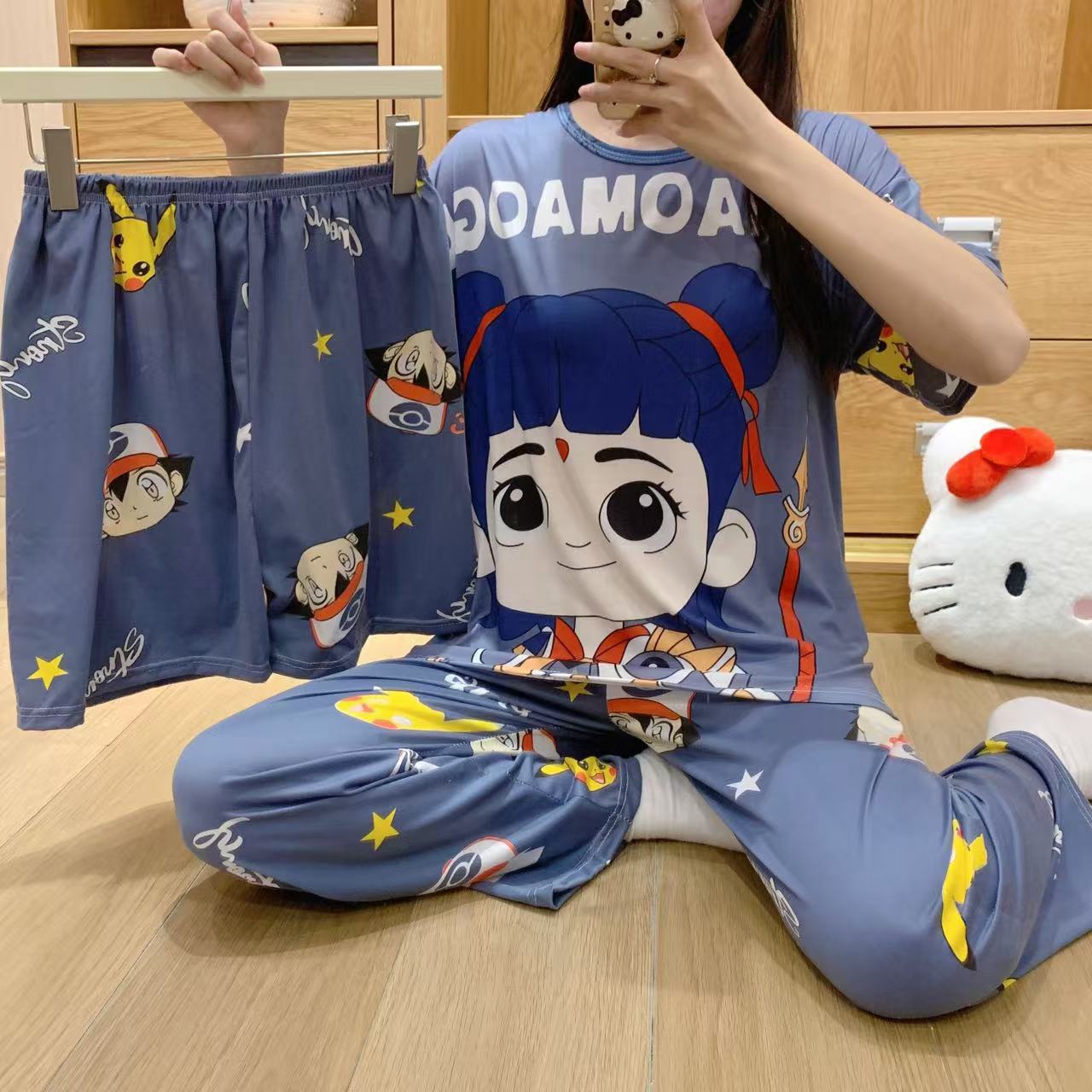 pajamas外贸工厂批发卡通夏季睡衣女短袖大码长裤三件套家居套装详情16