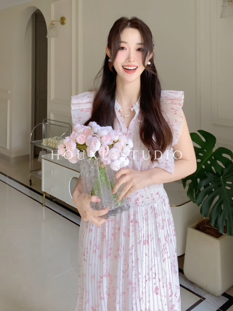 新款S家日系小飞袖收腰甜美风无袖百褶碎花连衣裙批发春夏长裙女详情18