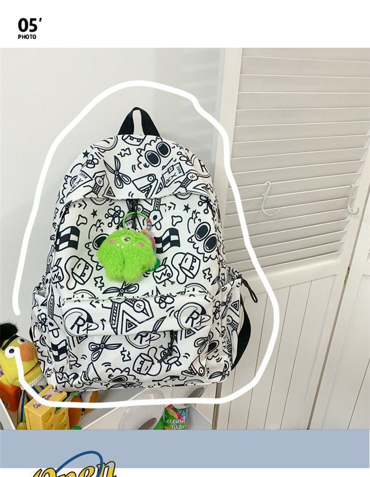 双肩包女时尚简约印花初高中大学生书包韩版潮流涂鸦休闲双肩背包详情7